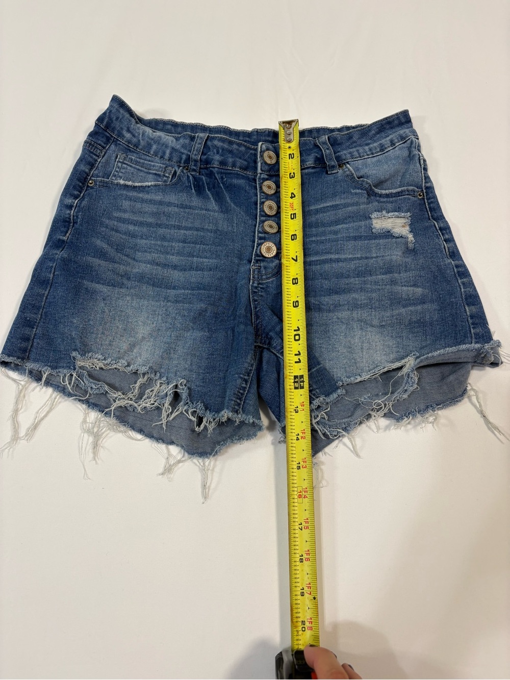 Sz Med High-Rise Distressed Button-Fly Jean Shorts - Blue